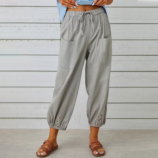 Pantaloni da donna in canapa di cotone a vita alta con bottoni, a nove punte, a gamba larga