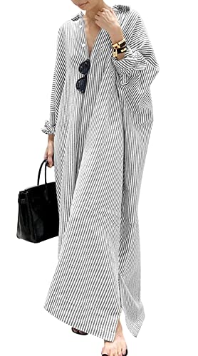 Vestito lungo da donna in cotone a righe, casual, a maniche lunghe, con bottoni, a tunica