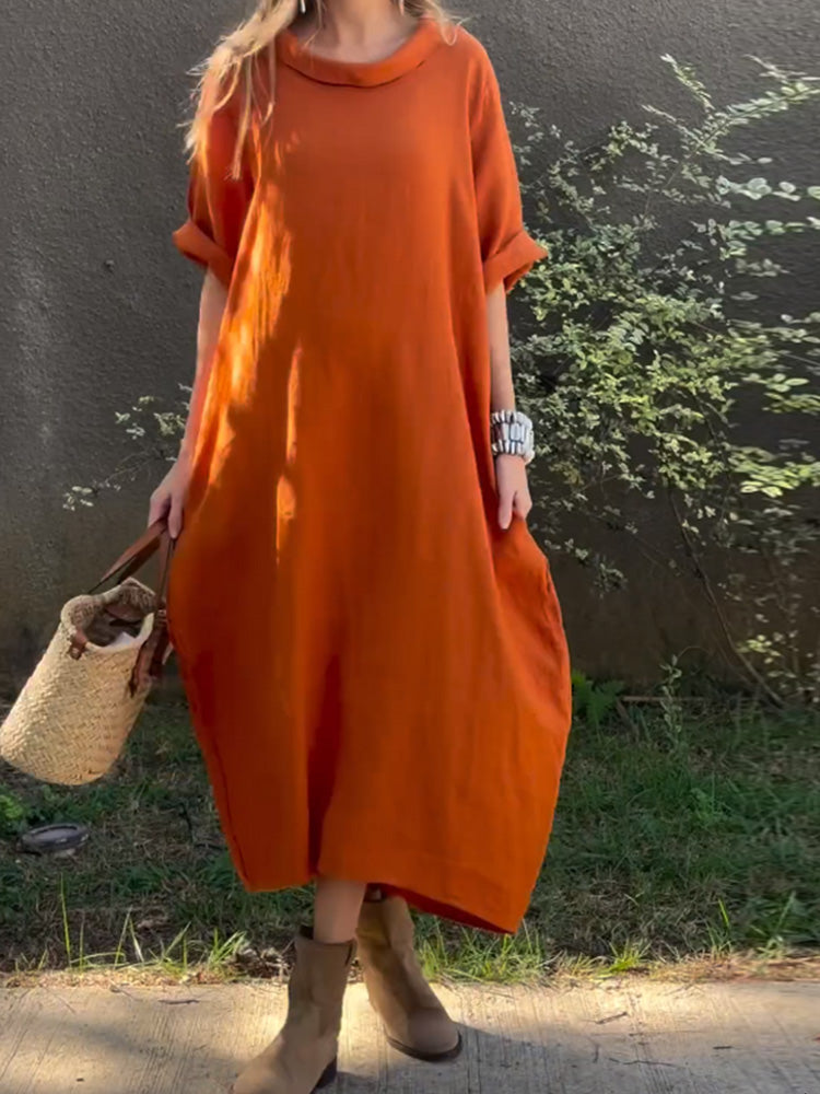 Vestito casual in cotone e lino a tinta unita da donna