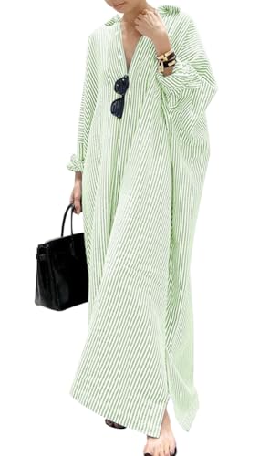 Vestito lungo da donna in cotone a righe, casual, a maniche lunghe, con bottoni, a tunica