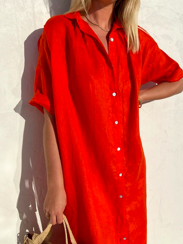 Vestito da donna elegante casual ampio a mezza manica con bottoni frontali in cotone e lino