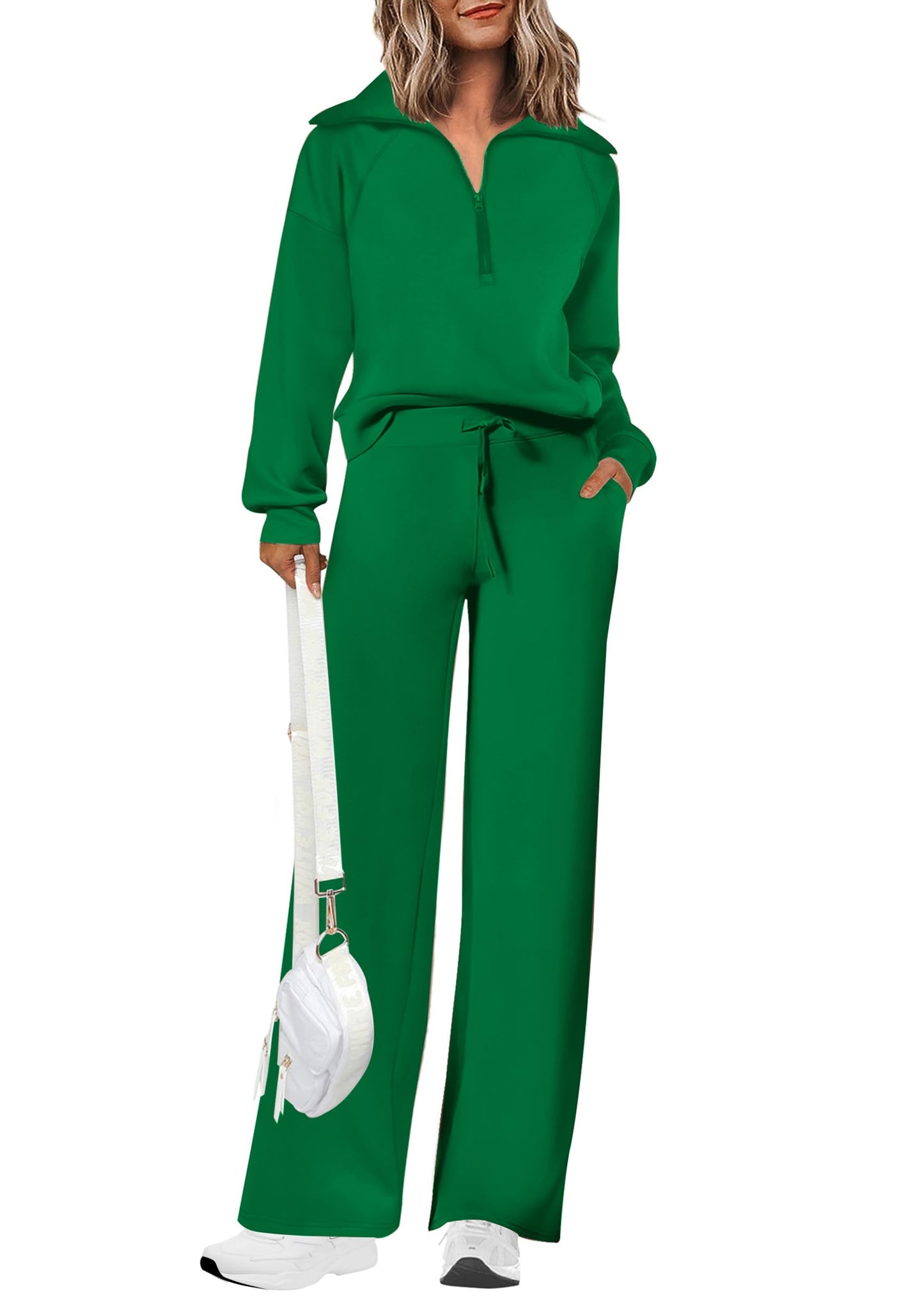 Completi da donna in cotone due pezzi con felpa a mezza zip con risvolto, pantaloni sportivi a gamba larga, tuta casual