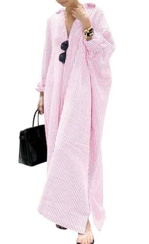 Vestito lungo da donna in cotone a righe, casual, a maniche lunghe, con bottoni, a tunica