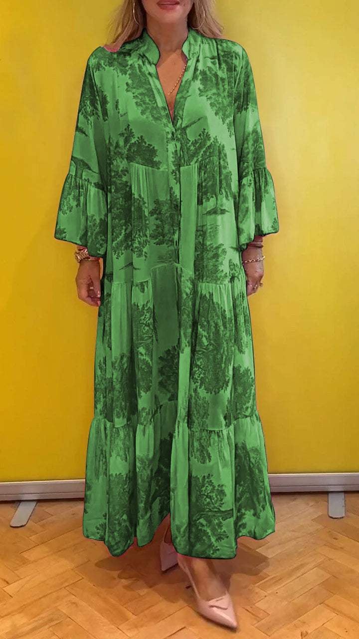 Abito estivo da donna scollatura a V fantasia foresta Vestito lungo