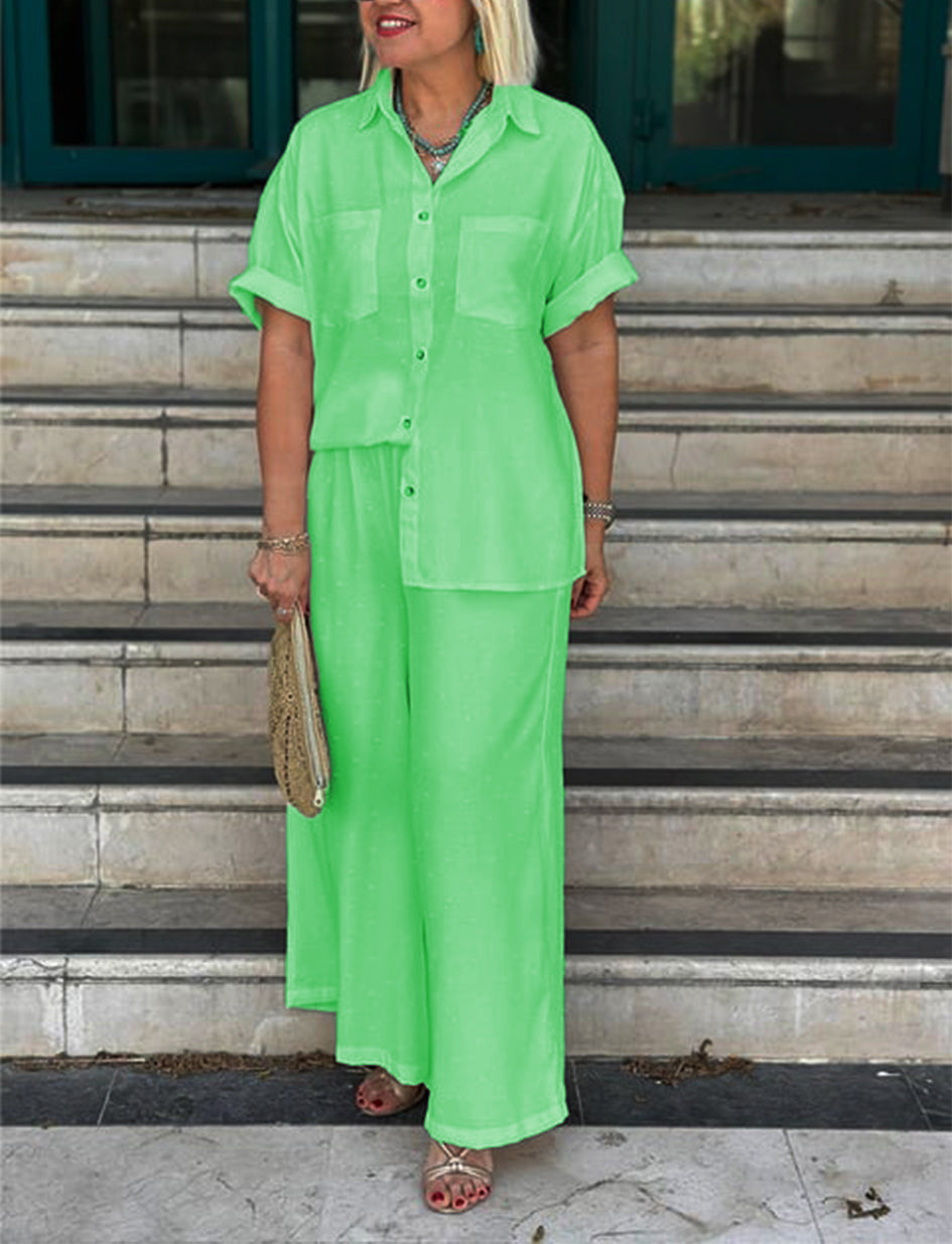 NOVITÀ🔥Completo da donna crema con camicia e pantaloni a palazzo con motivo in rilievo
