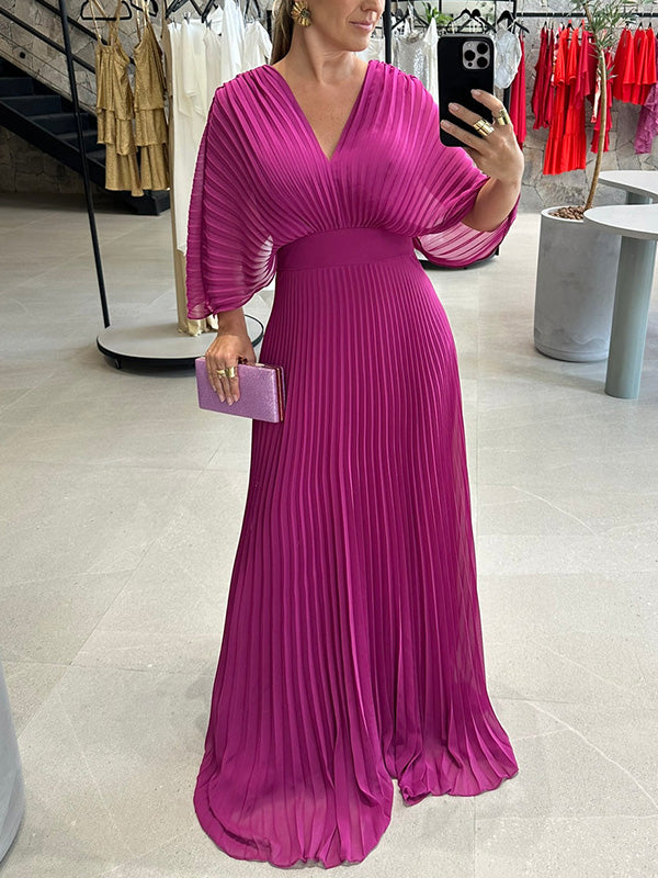 NUOVO🔥 Abito a pipistrello con cerniera e fiocco posteriore in chiffon con scollo a V - Tasse Escluse