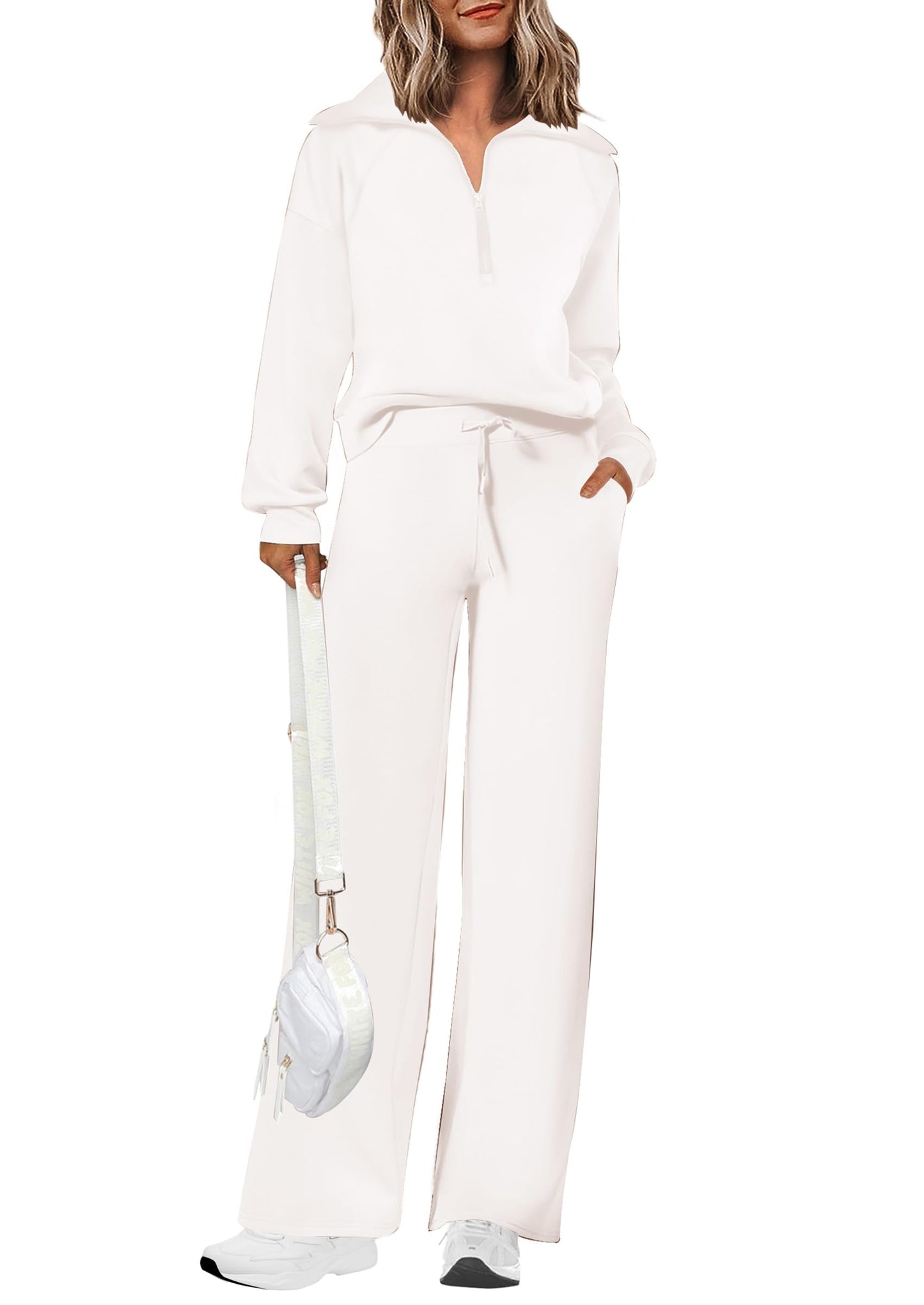 Completi da donna in cotone due pezzi con felpa a mezza zip con risvolto, pantaloni sportivi a gamba larga, tuta casual