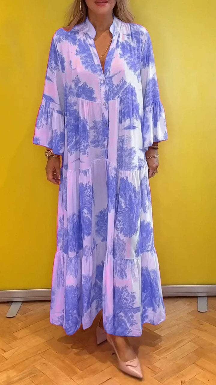 Abito estivo da donna scollatura a V fantasia foresta Vestito lungo
