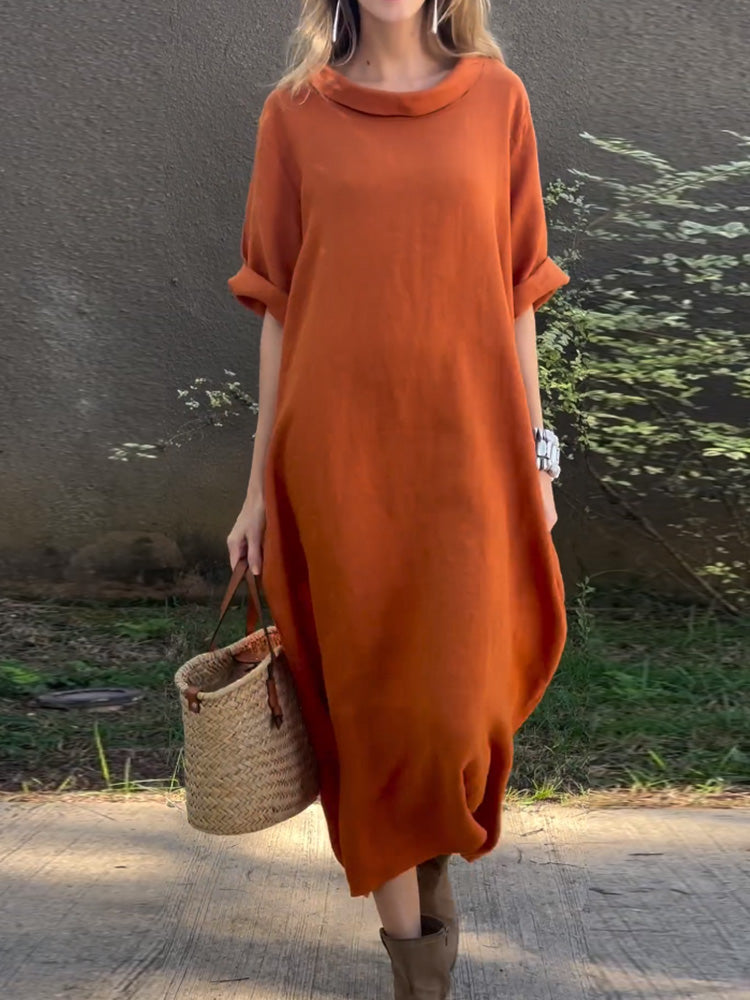 Vestito casual in cotone e lino a tinta unita da donna
