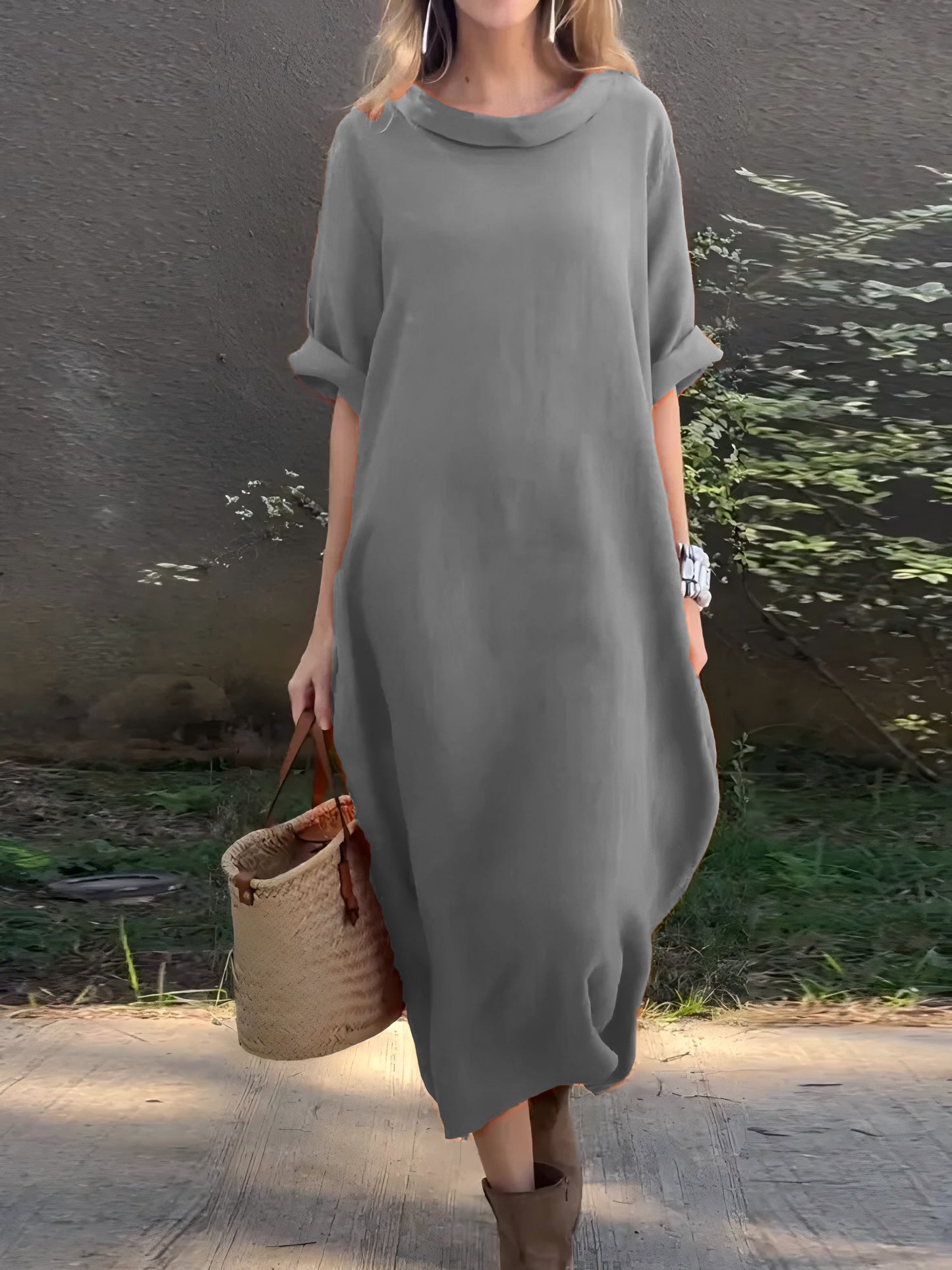 Vestito casual in cotone e lino a tinta unita da donna