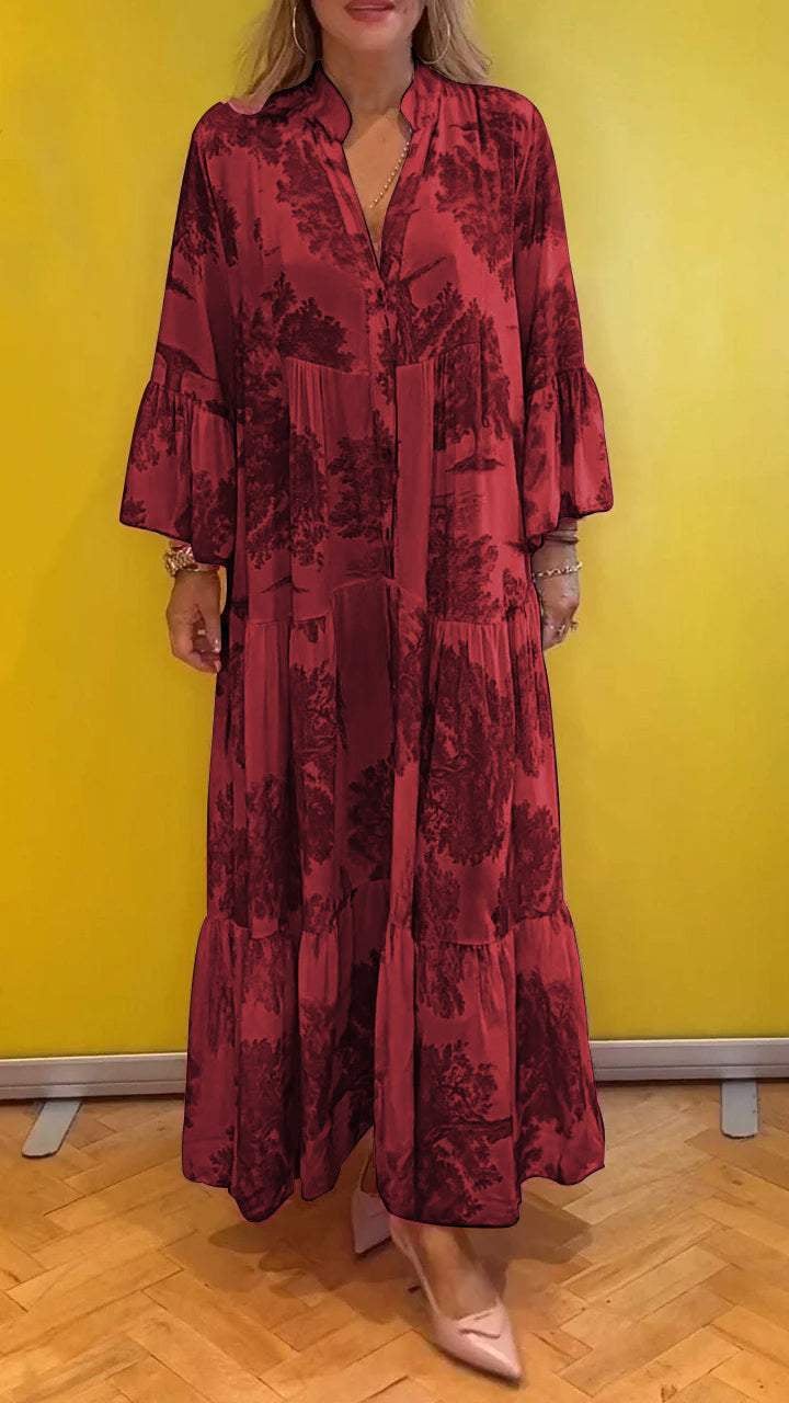 Abito estivo da donna scollatura a V fantasia foresta Vestito lungo