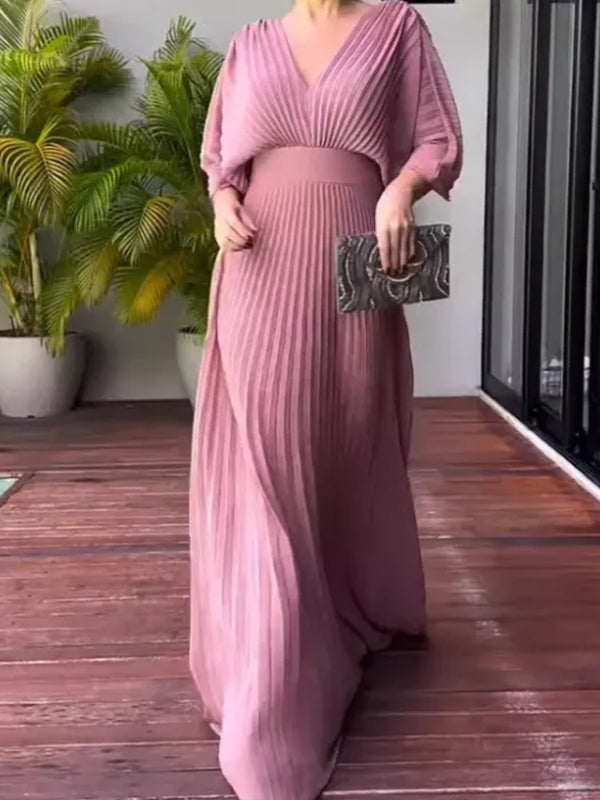 NUOVO🔥 Abito a pipistrello con cerniera e fiocco posteriore in chiffon con scollo a V - Tasse Escluse