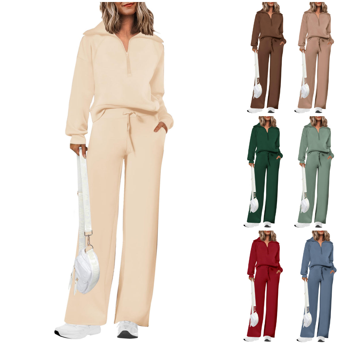 Completi da donna in cotone due pezzi con felpa a mezza zip con risvolto, pantaloni sportivi a gamba larga, tuta casual