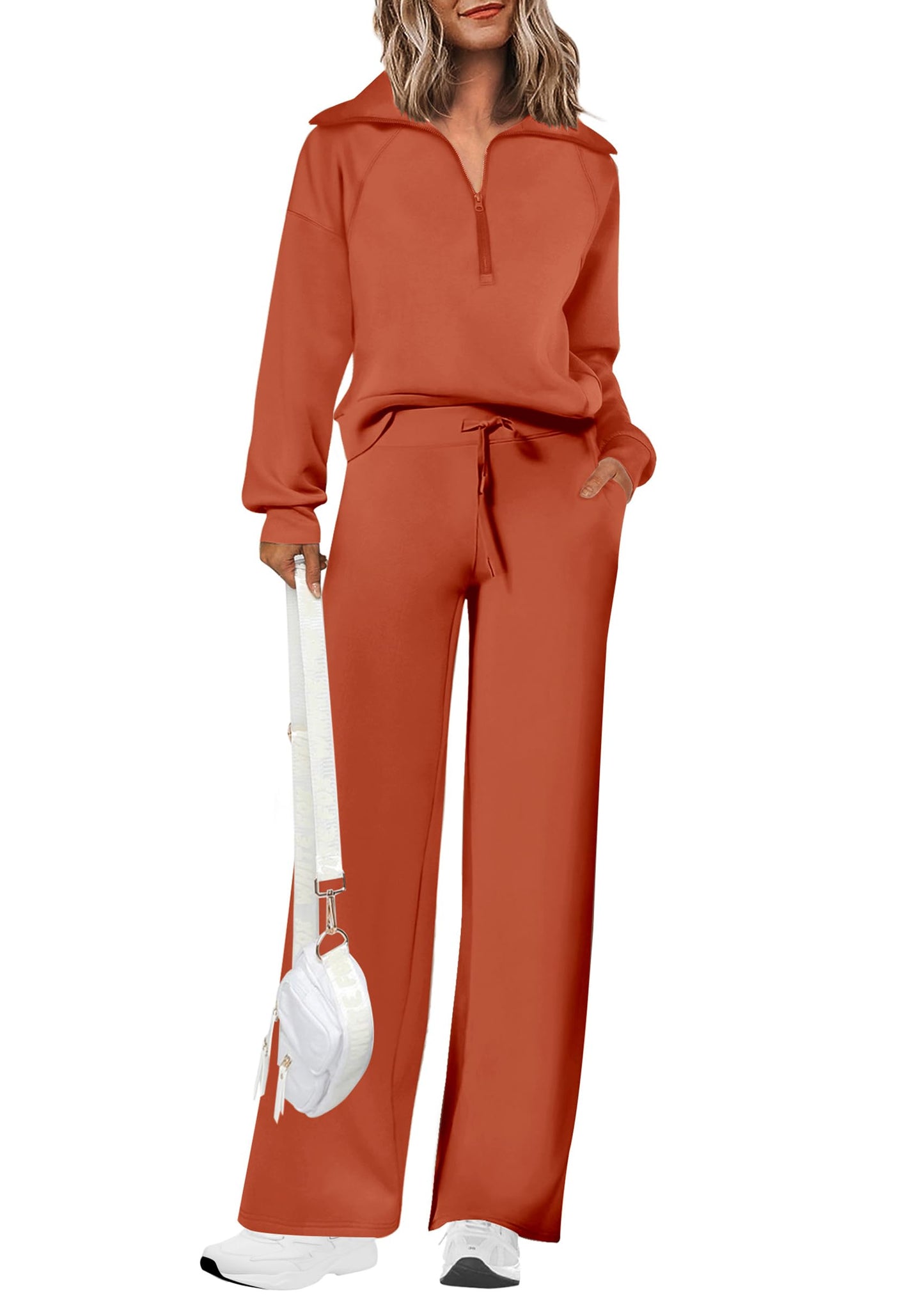 Completi da donna in cotone due pezzi con felpa a mezza zip con risvolto, pantaloni sportivi a gamba larga, tuta casual