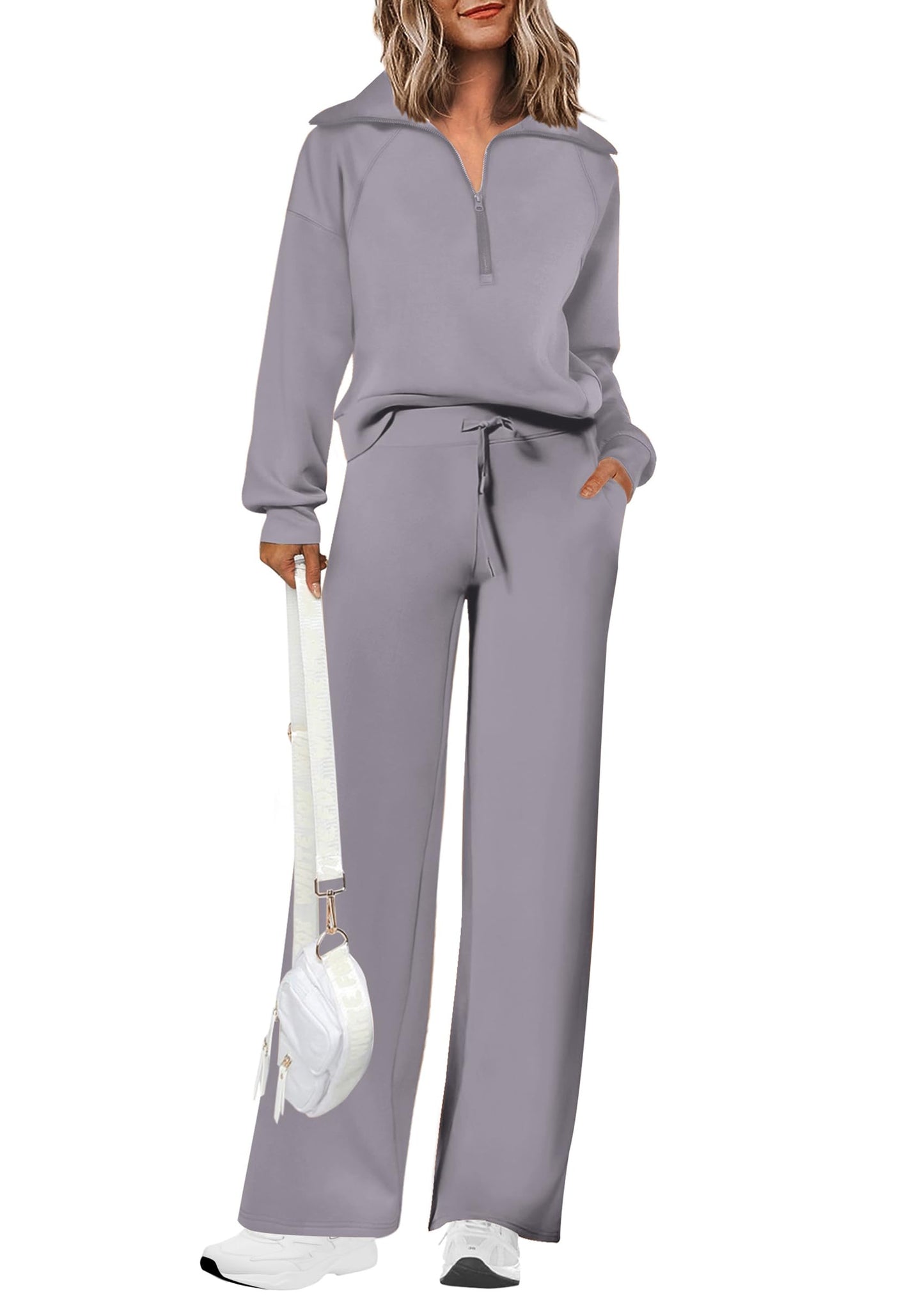 Completi da donna in cotone due pezzi con felpa a mezza zip con risvolto, pantaloni sportivi a gamba larga, tuta casual