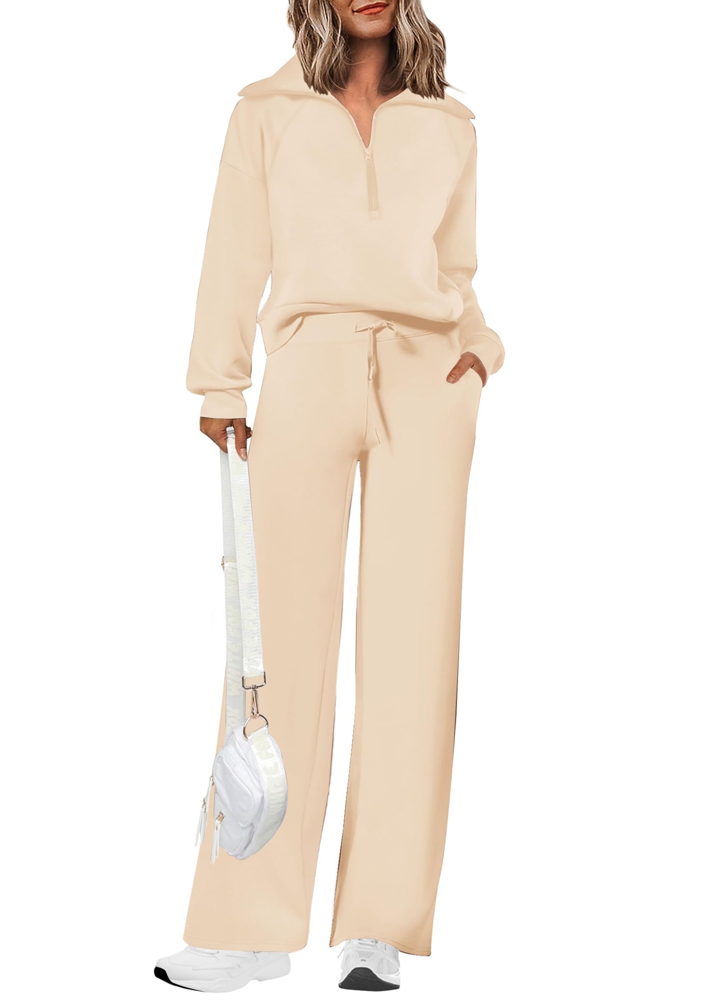 Completi da donna in cotone due pezzi con felpa a mezza zip con risvolto, pantaloni sportivi a gamba larga, tuta casual