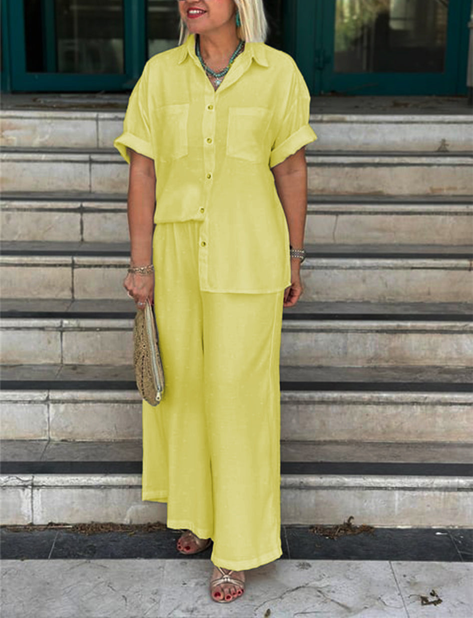 NOVITÀ🔥Completo da donna crema con camicia e pantaloni a palazzo con motivo in rilievo