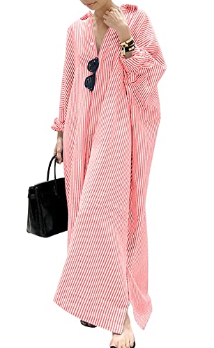 Vestito lungo da donna in cotone a righe, casual, a maniche lunghe, con bottoni, a tunica