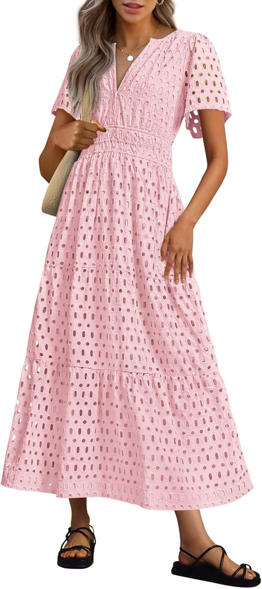 NUOVO 🔥Abito lungo estivo da donna 2025 a maniche corte con scollo a V, traforato con occhielli, vestito svasato