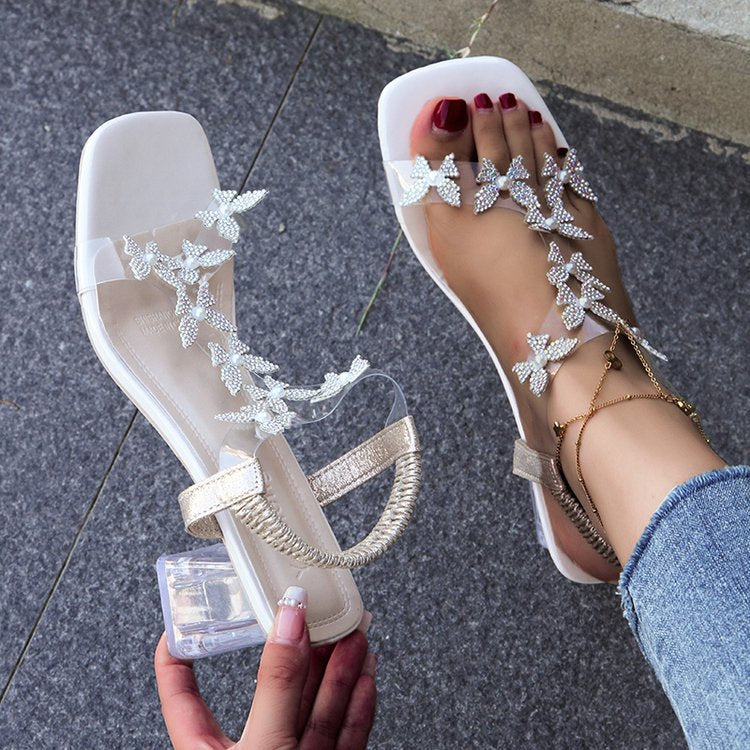 🔥Ultimo giorno di promozione SCONTO del 50% - Sandali con tacco largo e strass a farfalla da donna
