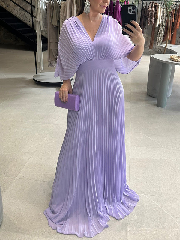 NUOVO🔥 Abito a pipistrello con cerniera e fiocco posteriore in chiffon con scollo a V - Tasse Escluse