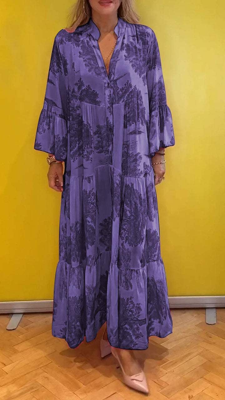 Abito estivo da donna scollatura a V fantasia foresta Vestito lungo
