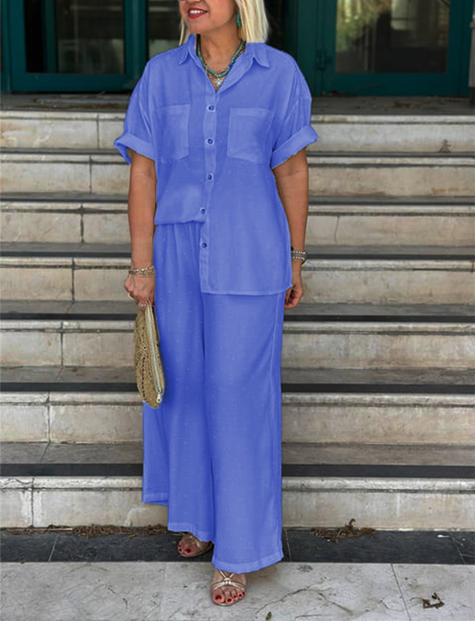 NOVITÀ🔥Completo da donna crema con camicia e pantaloni a palazzo con motivo in rilievo