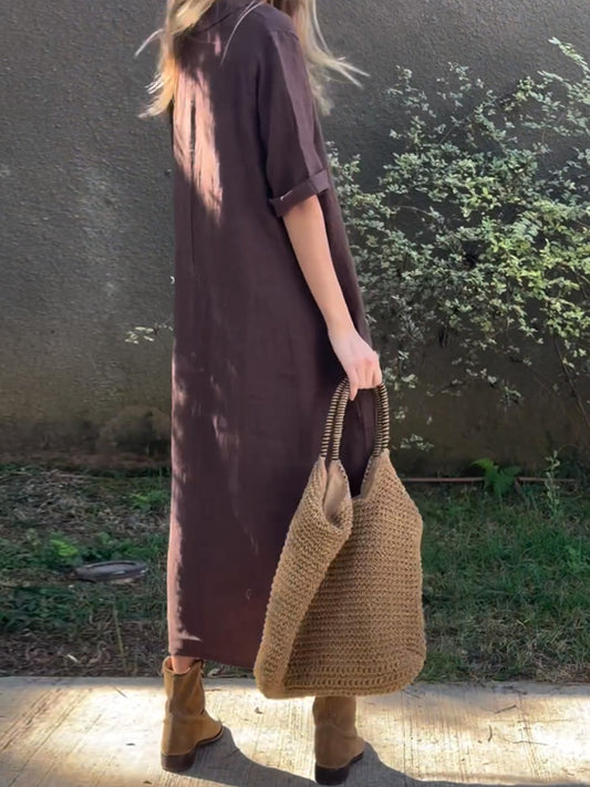 Vestito casual in cotone e lino a tinta unita da donna