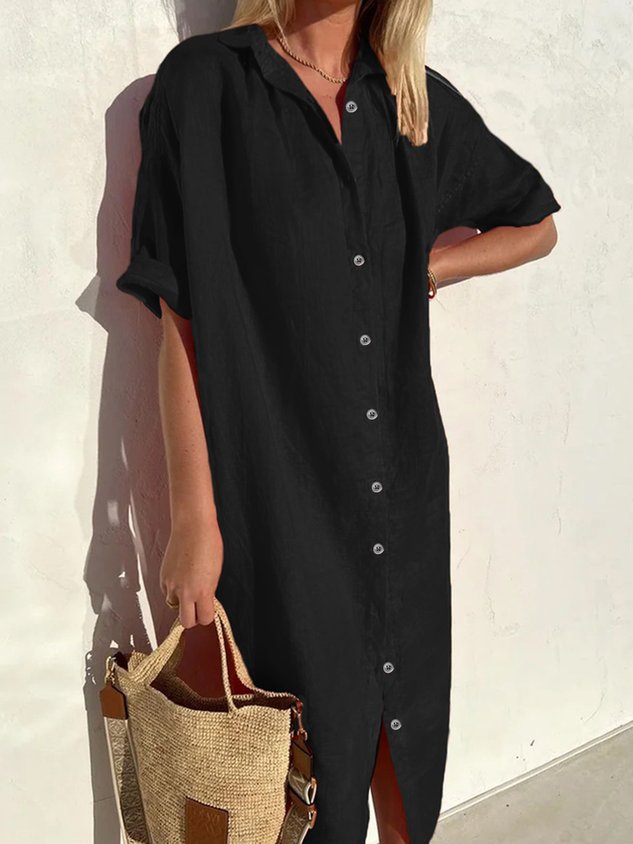 Vestito da donna elegante casual ampio a mezza manica con bottoni frontali in cotone e lino