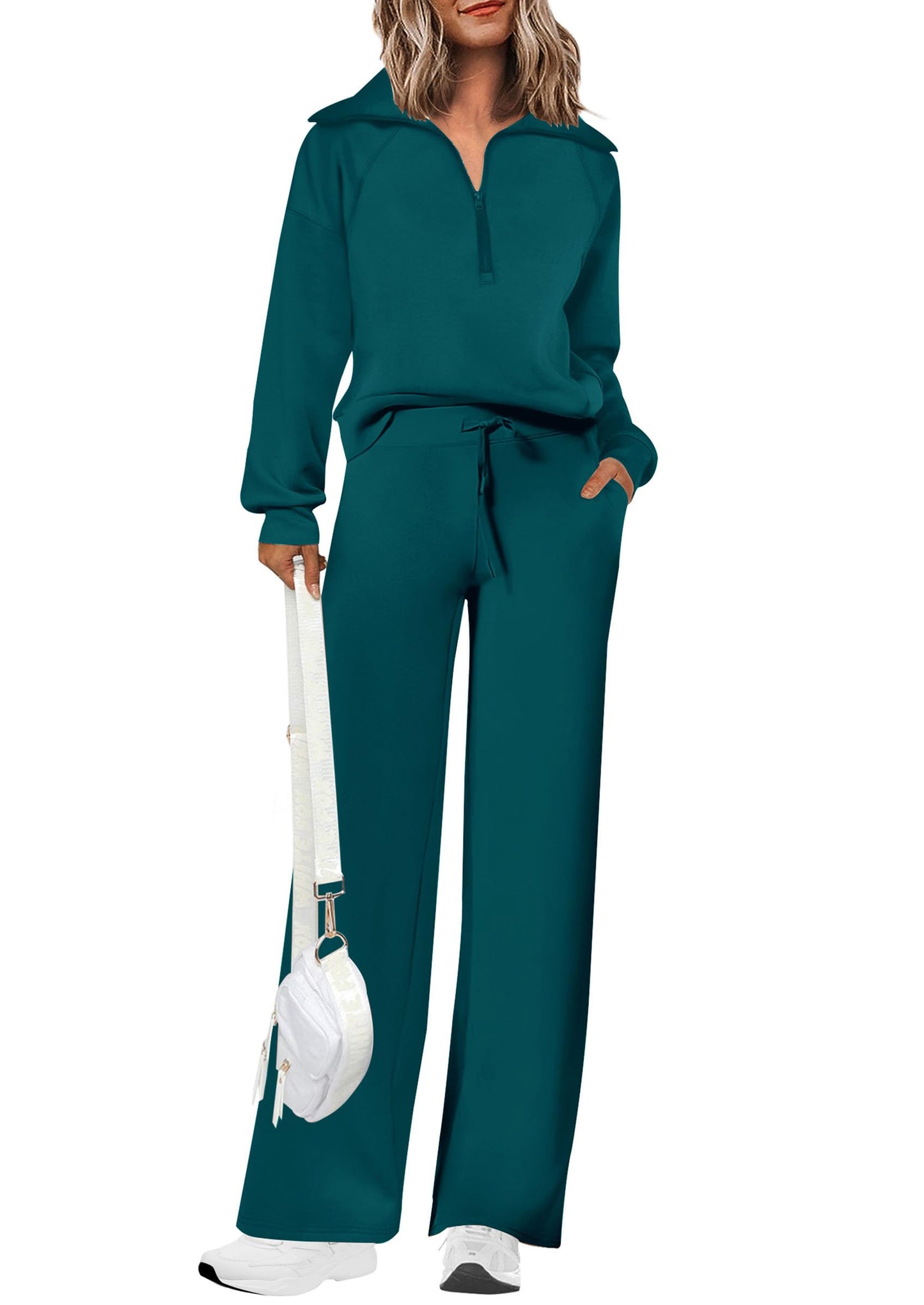 Completi da donna in cotone due pezzi con felpa a mezza zip con risvolto, pantaloni sportivi a gamba larga, tuta casual
