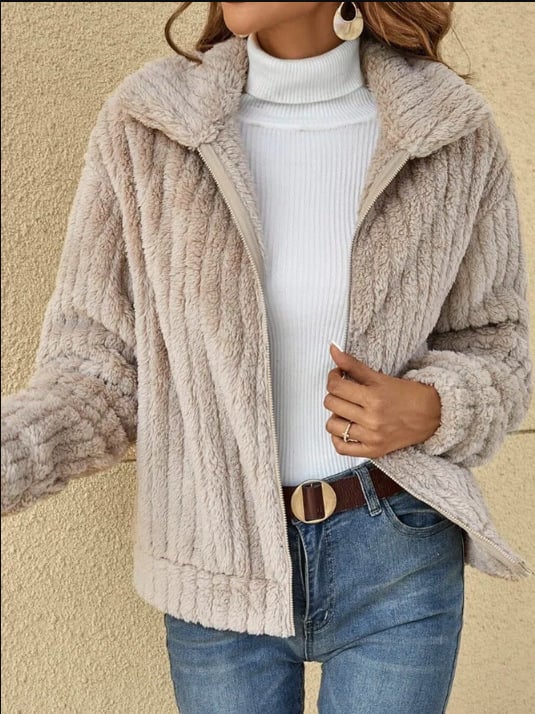Giacca casual in pile caldo con cerniera e bavero