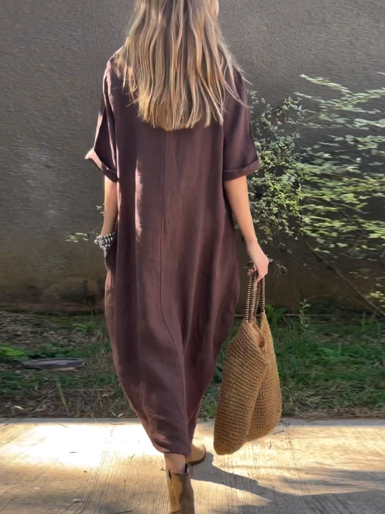 Vestito casual in cotone e lino a tinta unita da donna