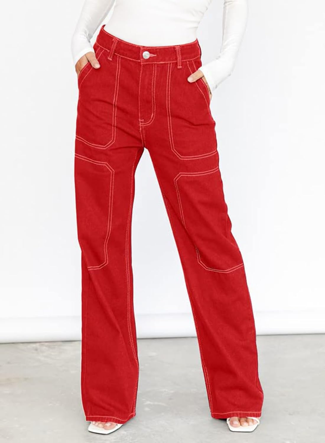 Dokotoo Women's Casual Mid Waist Cargo Jeans Stretch Wide Leg Denim Pants with Pockets