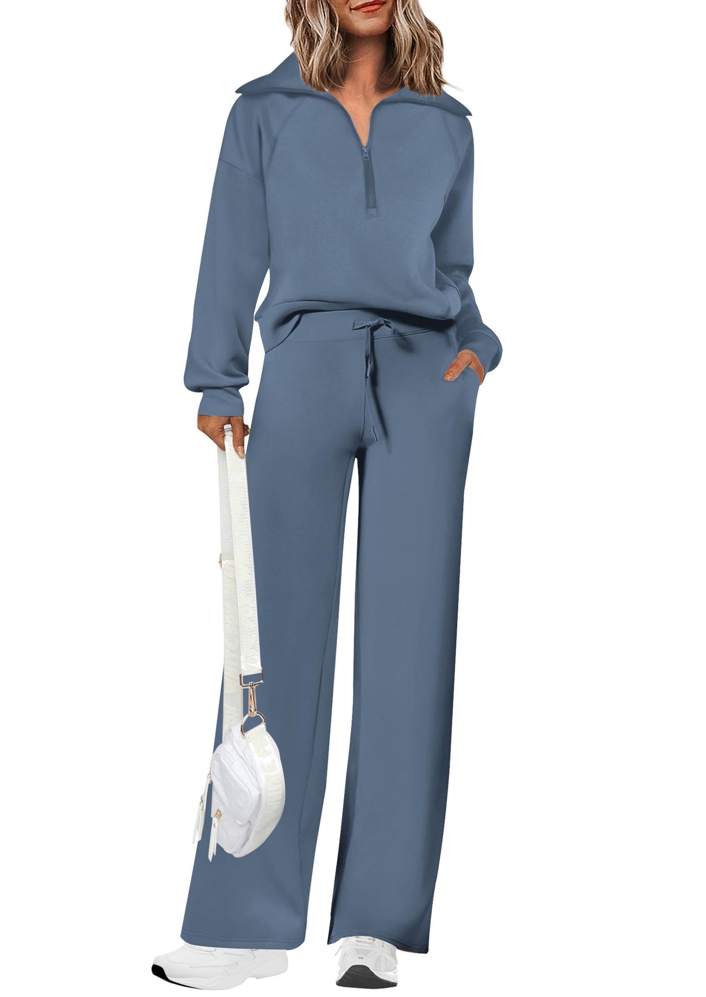 Completi da donna in cotone due pezzi con felpa a mezza zip con risvolto, pantaloni sportivi a gamba larga, tuta casual