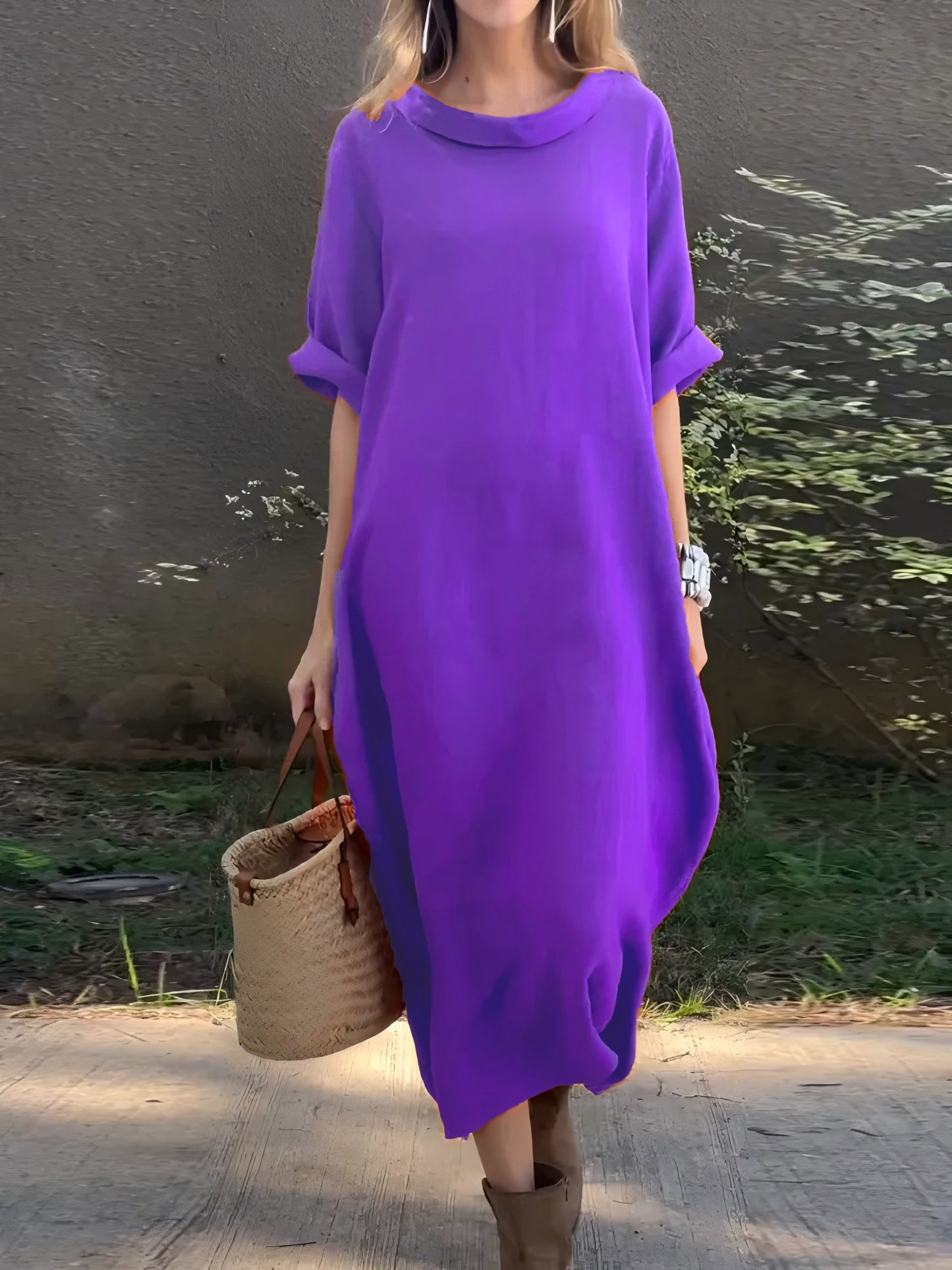 Vestito casual in cotone e lino a tinta unita da donna