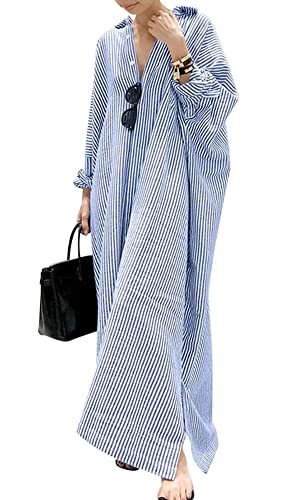 Vestito lungo da donna in cotone a righe, casual, a maniche lunghe, con bottoni, a tunica