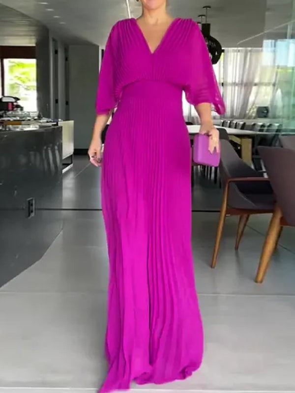NUOVO🔥 Abito a pipistrello con cerniera e fiocco posteriore in chiffon con scollo a V - Tasse Escluse