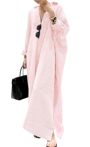Vestito lungo da donna in cotone a righe, casual, a maniche lunghe, con bottoni, a tunica