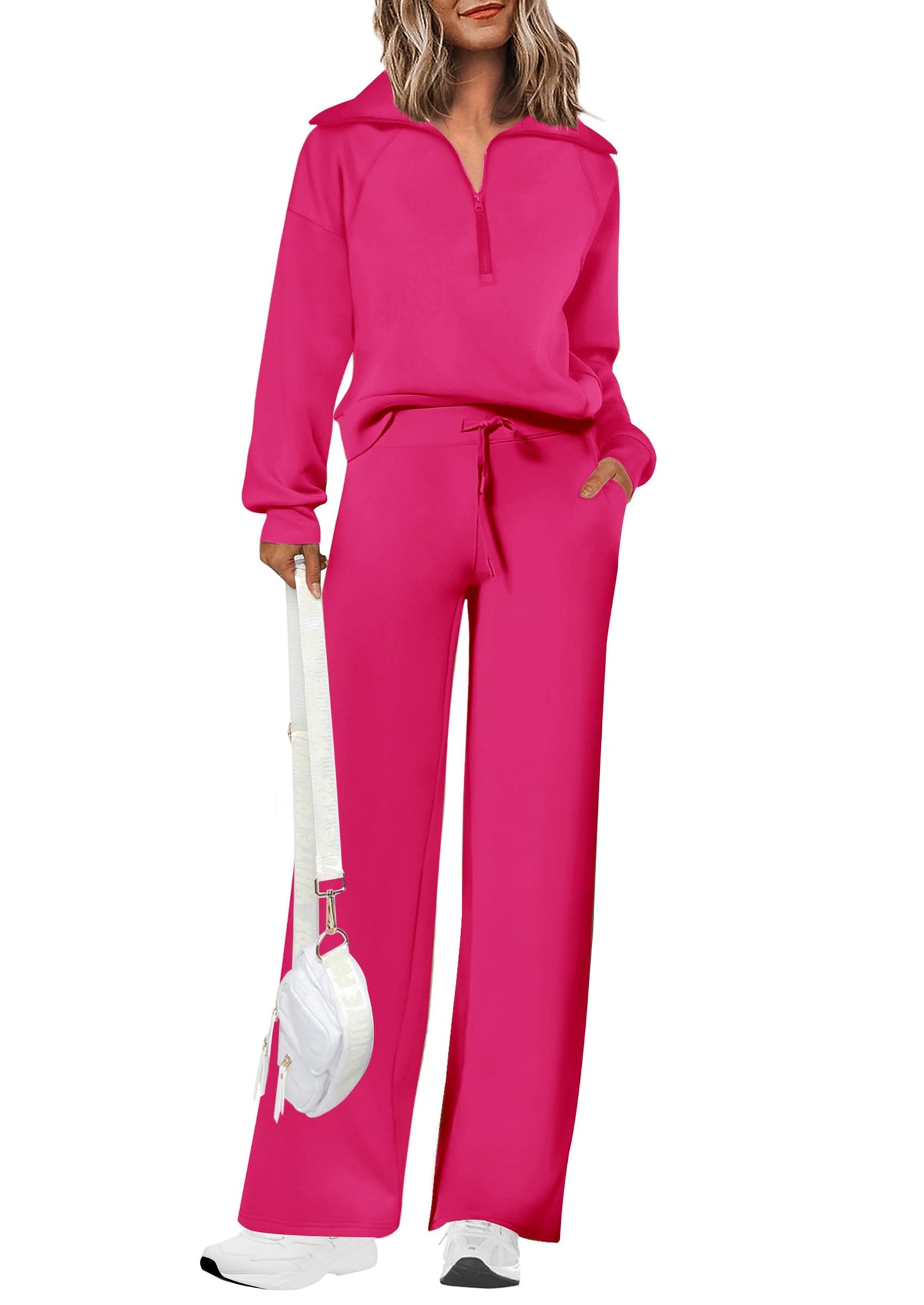 Completi da donna in cotone due pezzi con felpa a mezza zip con risvolto, pantaloni sportivi a gamba larga, tuta casual