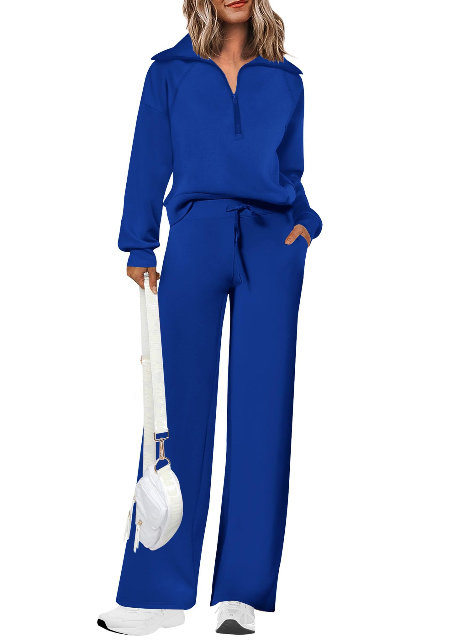 Completi da donna in cotone due pezzi con felpa a mezza zip con risvolto, pantaloni sportivi a gamba larga, tuta casual