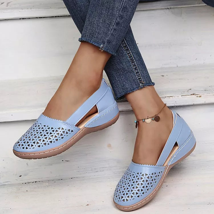 Sandali Estivi Donna Ortopedici con Zeppa e Intaglio in PU Stile Vintage