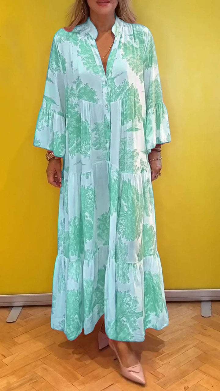 Abito estivo da donna scollatura a V fantasia foresta Vestito lungo