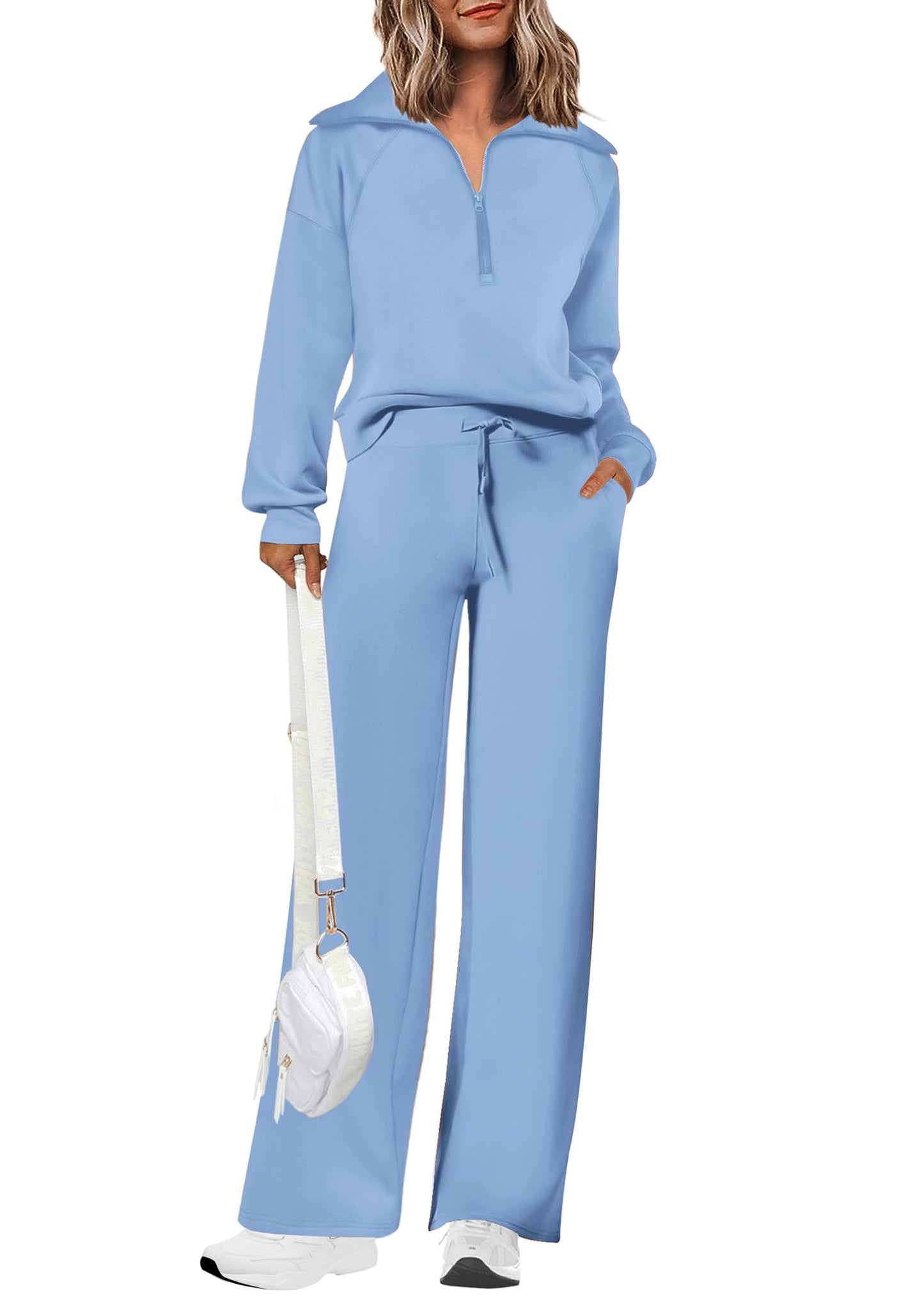 Completi da donna in cotone due pezzi con felpa a mezza zip con risvolto, pantaloni sportivi a gamba larga, tuta casual