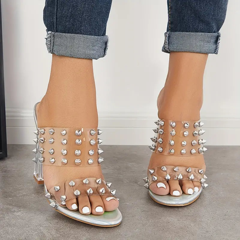 🔥Ultimo Giorno Promozione 50% DI SCONTO - Sandali da Donna con Tacco Grosso Trasparente e Borchie Quadrato a Doppio Cinturino