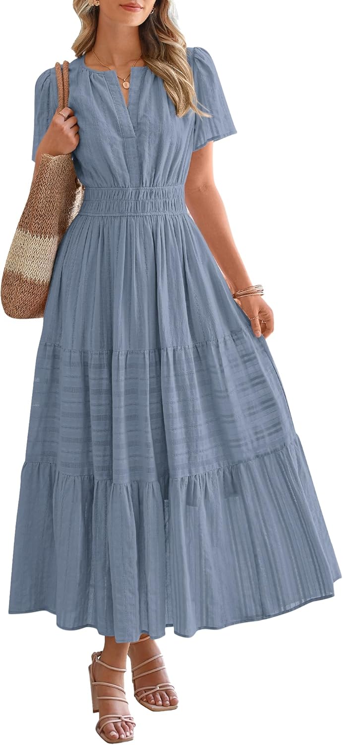 OCCASIONE SPECIALE Donna Estate Leggero Manica Corta Scollo a V Casual Abiti Midi Maxi