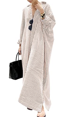 Vestito lungo da donna in cotone a righe, casual, a maniche lunghe, con bottoni, a tunica
