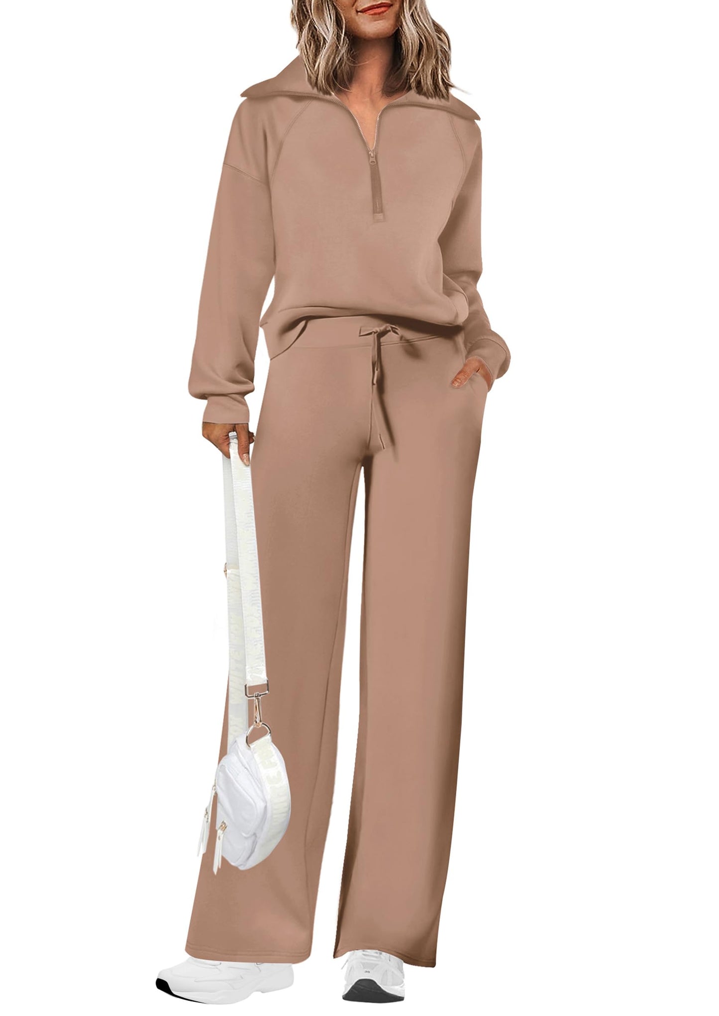 Completi da donna in cotone due pezzi con felpa a mezza zip con risvolto, pantaloni sportivi a gamba larga, tuta casual