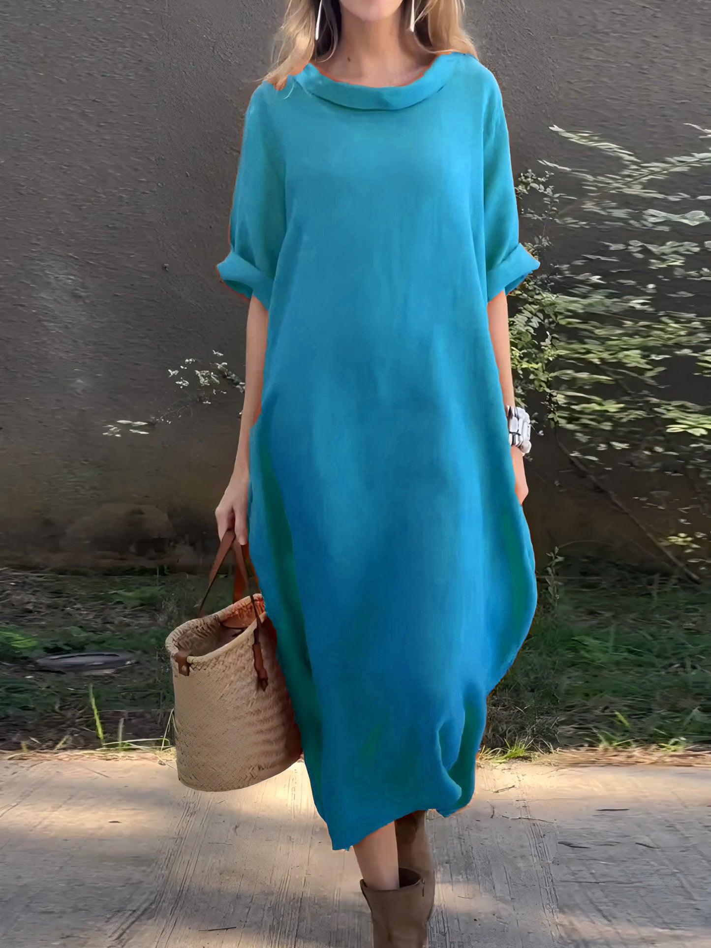 Vestito casual in cotone e lino a tinta unita da donna