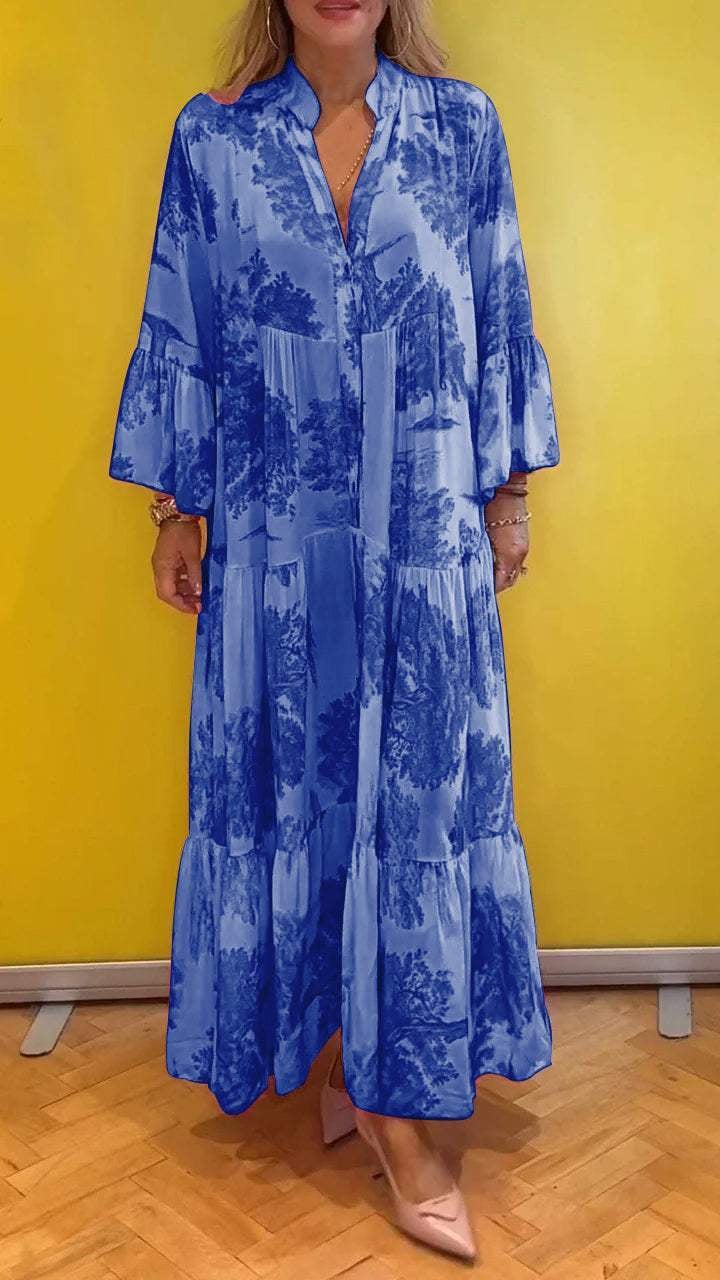 Abito estivo da donna scollatura a V fantasia foresta Vestito lungo