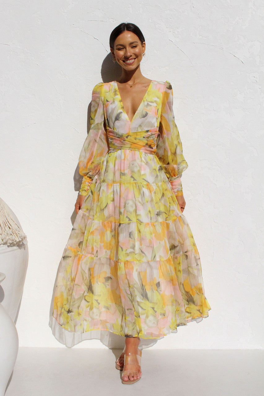 Painted Inspiration Blumen-Maxikleid mit Ballonärmeln